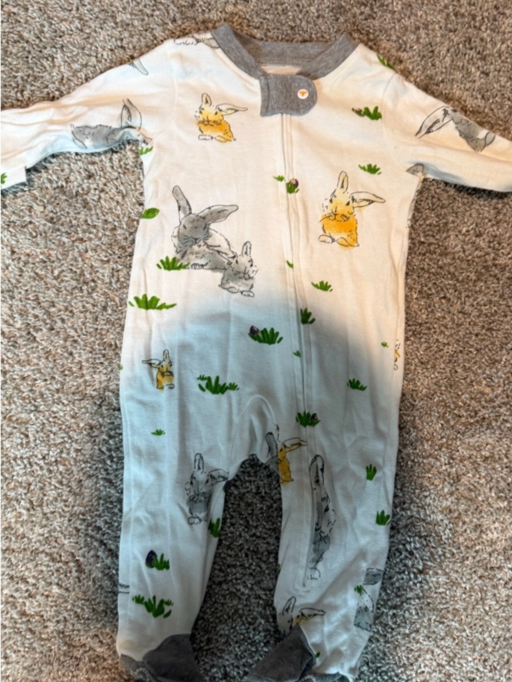 Burt's Bees Baby White Footed One-Piece with Yellow & Gray Bunny Print